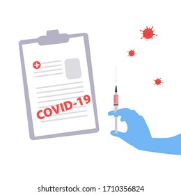 Vector handdrawn illustration of nurse or doctor gloved hand with syringe with the vaccine and viruses around and the form with the diagnosis Covid-19. Medical concept