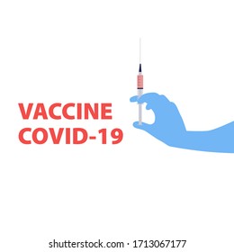 Vector handdrawn illustration of nurse or doctor gloved hands with syringe and phrase "vaccine covid-19". Medical concept