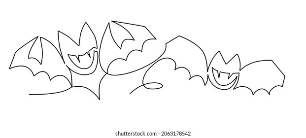Vector hand-drawn illustration with one continuous line on a white background. Silhouette of two vampires smiling bats with fangs.