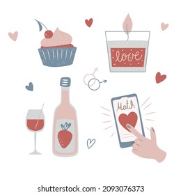 Vector hand-drawn illustration of online dating, virtual love, wine, sweets. Modern valentine's day elements. Design for paper, cover, fabric, interior decor.