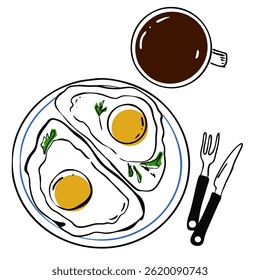 vector hand-drawn illustration, an overhead view of a breakfast plate: sunny side up eggs on toast and coffee