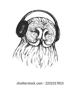 Vector hand-drawn illustration of owl with headphones in engraving style. Sketch of funny bird character.