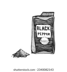 Vector hand-drawn illustration of a pack of black pepper isolated on white. Sketch with classic spice for recipe design in engraving style.