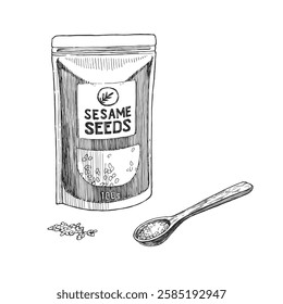 Vector hand-drawn illustration of package of sesame seeds. Black and white sketch of culinary ingredient