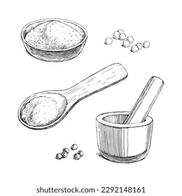 Vector hand-drawn illustration with peppercorns and ground pepper with kitchenware. A mortar with a pestle and cooking utensils. Sketch with spices in a bowl and a wooden spoon.