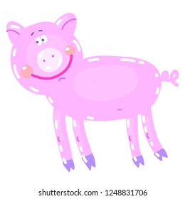 Vector hand-drawn illustration with pig in a village. Farm animal.