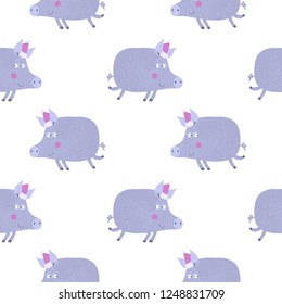 Vector hand-drawn illustration with pig in a village. Farm animal.