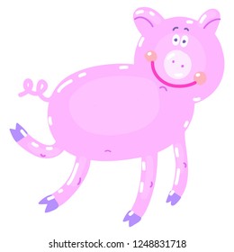 Vector hand-drawn illustration with pig in a village. Farm animal.