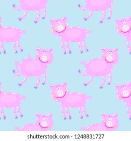 Vector hand-drawn illustration with pig in a village. Farm animal.