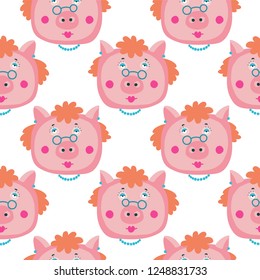 Vector hand-drawn illustration with pig in a village. Farm animal.