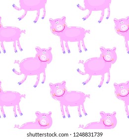 Vector hand-drawn illustration with pig in a village. Farm animal.