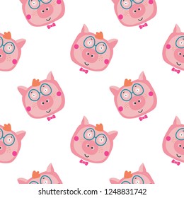 Vector hand-drawn illustration with pig in a village. Farm animal.