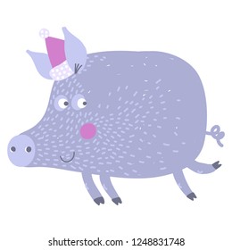 Vector hand-drawn illustration with pig in a village. Farm animal.