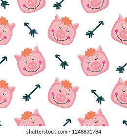 Vector hand-drawn illustration with pig in a village. Farm animal.