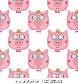 Vector hand-drawn illustration with pig in a village. Farm animal.