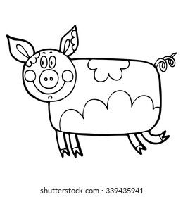 Vector hand-drawn illustration with pig in a village. Farm animal.