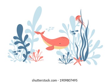 Vector hand-drawn Illustration of pink whale, jellyfish, starfish, seaweed on a white background. Sea life. Illustration for nursery decor, poster, fabric, print, textile, wrappert.