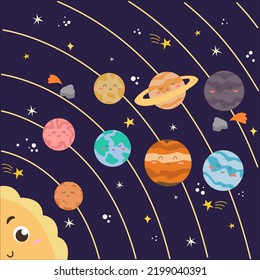 Vector hand-drawn illustration of planets of the solar system in a flat style. Cartoon childish solar system