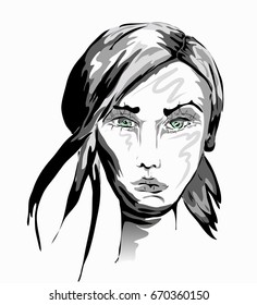 Vector hand-drawn illustration. Portrait of young girl