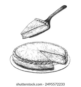 Vector hand-drawn illustration of a potato pie on a platter with a slice on a spatula. A sketch of traditional baking, isolated on a white background.