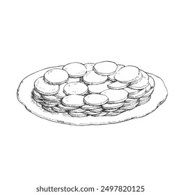 Vector hand-drawn illustration of the potato pie cooking process in engraving style. A sketch of potato slices spread out on a circle of dough isolated on white.