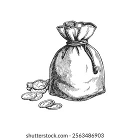 Vector hand-drawn illustration of pouch of golden coins. Black and white sketch of money bag. Wild West symbol.
