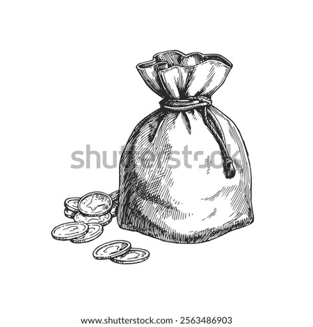 Vector hand-drawn illustration of pouch of golden coins. Black and white sketch of money bag. Wild West symbol.
