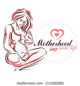 Vector hand-drawn illustration of pregnant elegant woman expecting baby, sketch. Mothers day conceptual poster