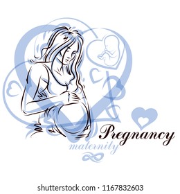 Vector hand-drawn illustration of pregnant elegant woman expecting baby, sketch. Mothers day conceptual poster