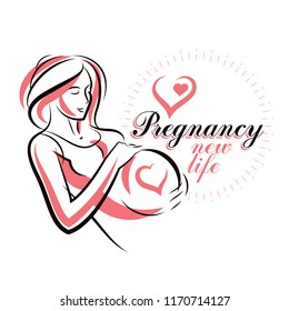 Vector hand-drawn illustration of pregnant elegant woman expecting baby, sketch. Maternity hospital advertising flyer