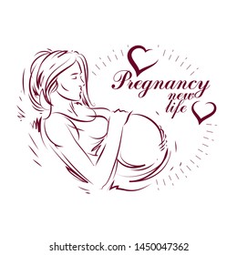 Vector hand-drawn illustration of pregnant elegant woman expecting baby, sketch. Neonatal care center advertising poster