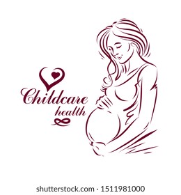 Vector hand-drawn illustration of pregnant elegant woman expecting baby, sketch. Maternity ward marketing poster