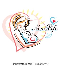 Vector hand-drawn illustration of pregnant elegant woman expecting baby, sketch. Pregnancy and maternity popularization 