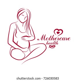 Vector hand-drawn illustration of pregnant elegant woman expecting baby, sketch. Maternity hospital advertising flyer