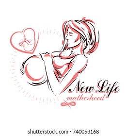 Vector hand-drawn illustration of pregnant elegant woman expecting baby, sketch. Prenatal center and motherhood preparing clinic promotion flyer