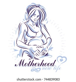 Vector hand-drawn illustration of pregnant elegant woman expecting baby, sketch. Medical center for pregnancy assistance marketing flyer template