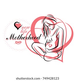 Vector hand-drawn illustration of pregnant elegant woman expecting baby, sketch. Maternity ward marketing poster