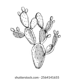 Vector hand-drawn illustration of prickly pear. Black and white cactus. Wild succulent. Flora of desert.
