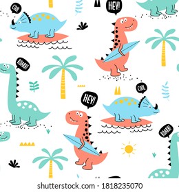 Vector hand-drawn children’s illustration, print, card with three cute dinosaur, seamless pattern.