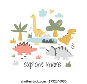 Vector hand-drawn children’s illustration, print, the card with the cute dinosaurs, drops, and lettering in Scandinavian style on a white background.