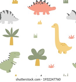 Vector hand-drawn children’s illustration, print, the card with the cute dinosaurs, seamless pattern and drops in Scandinavian style on a white background.
