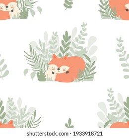 Vector hand-drawn children’s illustration, print, the card with the cute fox in Scandinavian style on a white background. Fox seamless pattern.