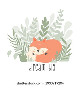 Vector hand-drawn children’s illustration, print, the card with the cute fox in Scandinavian style on a white background. 