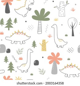 Vector hand-drawn children’s illustration, print, the card with the cute dinosaurs, seamless pattern and drops in Scandinavian style on a white background.