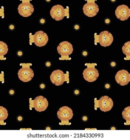 Vector hand-drawn children’s illustration, print, card with cute Lion, sun seamless pattern, baby print