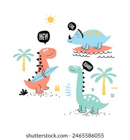 Vector hand-drawn children’s illustration, print, card with three cute dinosaur, drops and lettering in Scandinavian style on a white background.