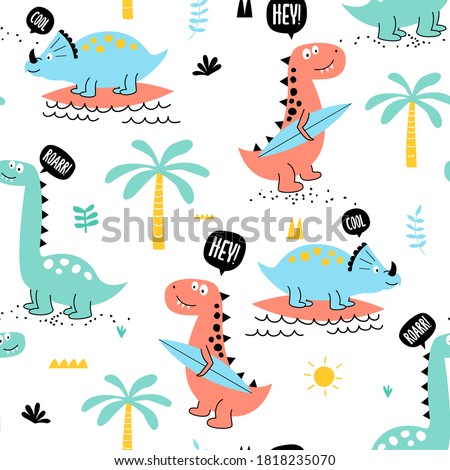 Vector hand-drawn children’s illustration, print, card with three cute dinosaur, seamless pattern.
