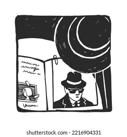 Vector hand-drawn illustration of a private detective's desk. The case is under the light of a lamp. A sketch for a detective-themed design.