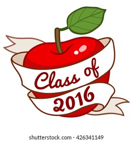 Vector hand-drawn illustration of a red apple with green leaf, with scroll ribbon template around the apple with text "Class of 2016". Design element for school, graduation, education concept.