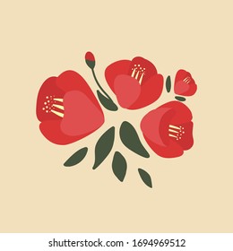 Vector hand-drawn illustration of red Japanese camellia on a beige background. Cute picture, a bouquet of cartoon flowers.